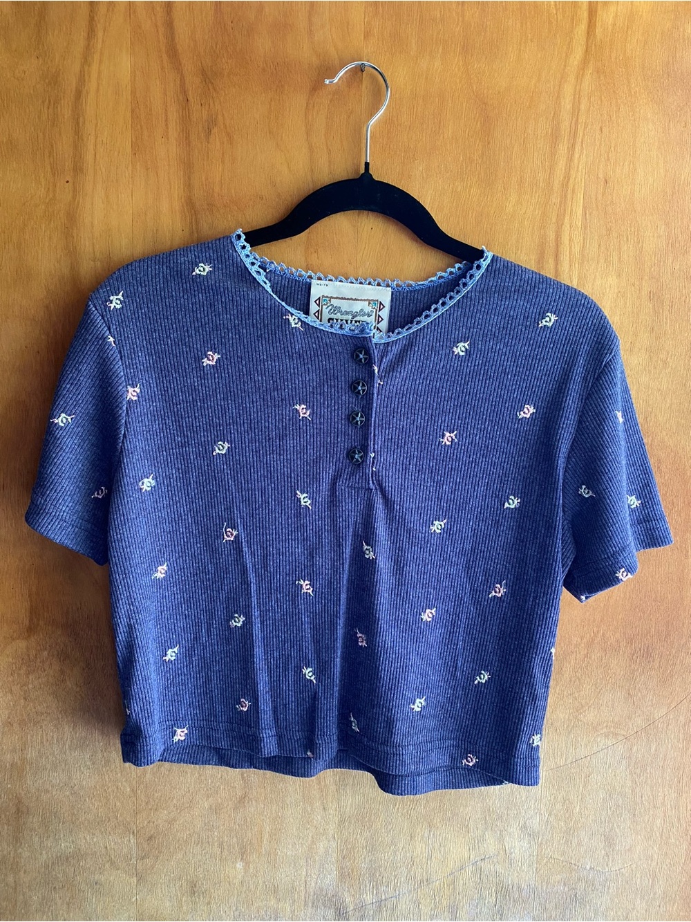 Vintage 90s Wrangler Silver Lake Floral Short Sleeve Top Blue Size Large